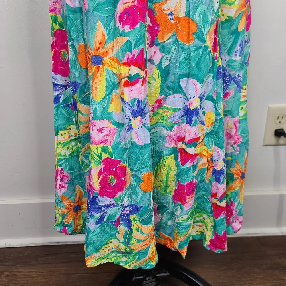 Vtg 80's/90's Jams World Bright Floral Tropical Print Back Tie Sash Midi Dress S - Picture 12 of 14